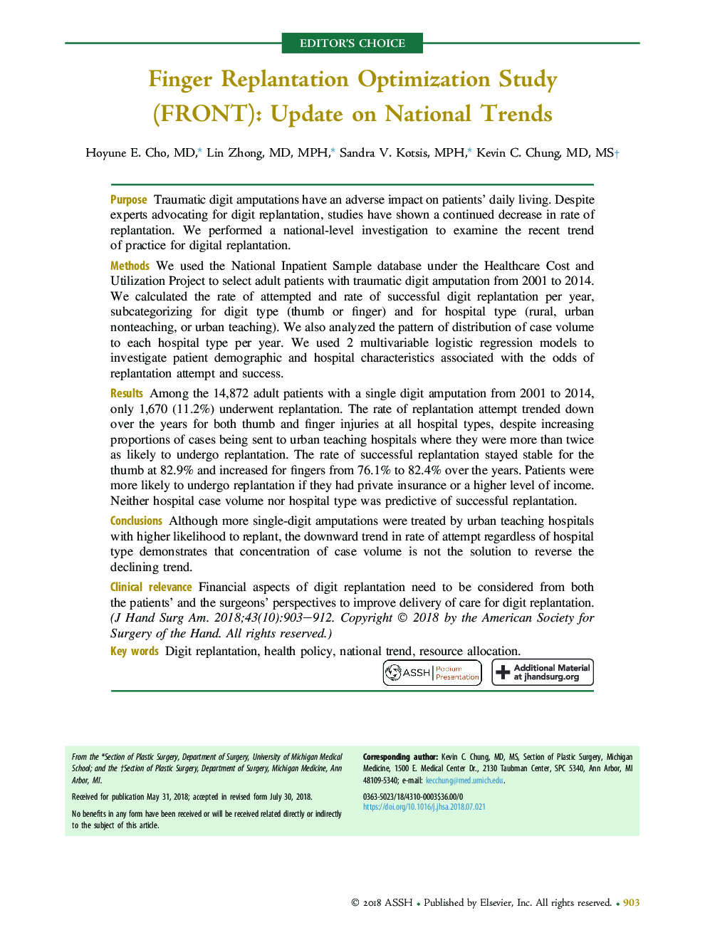 Finger Replantation Optimization Study (FRONT): Update on National Trends