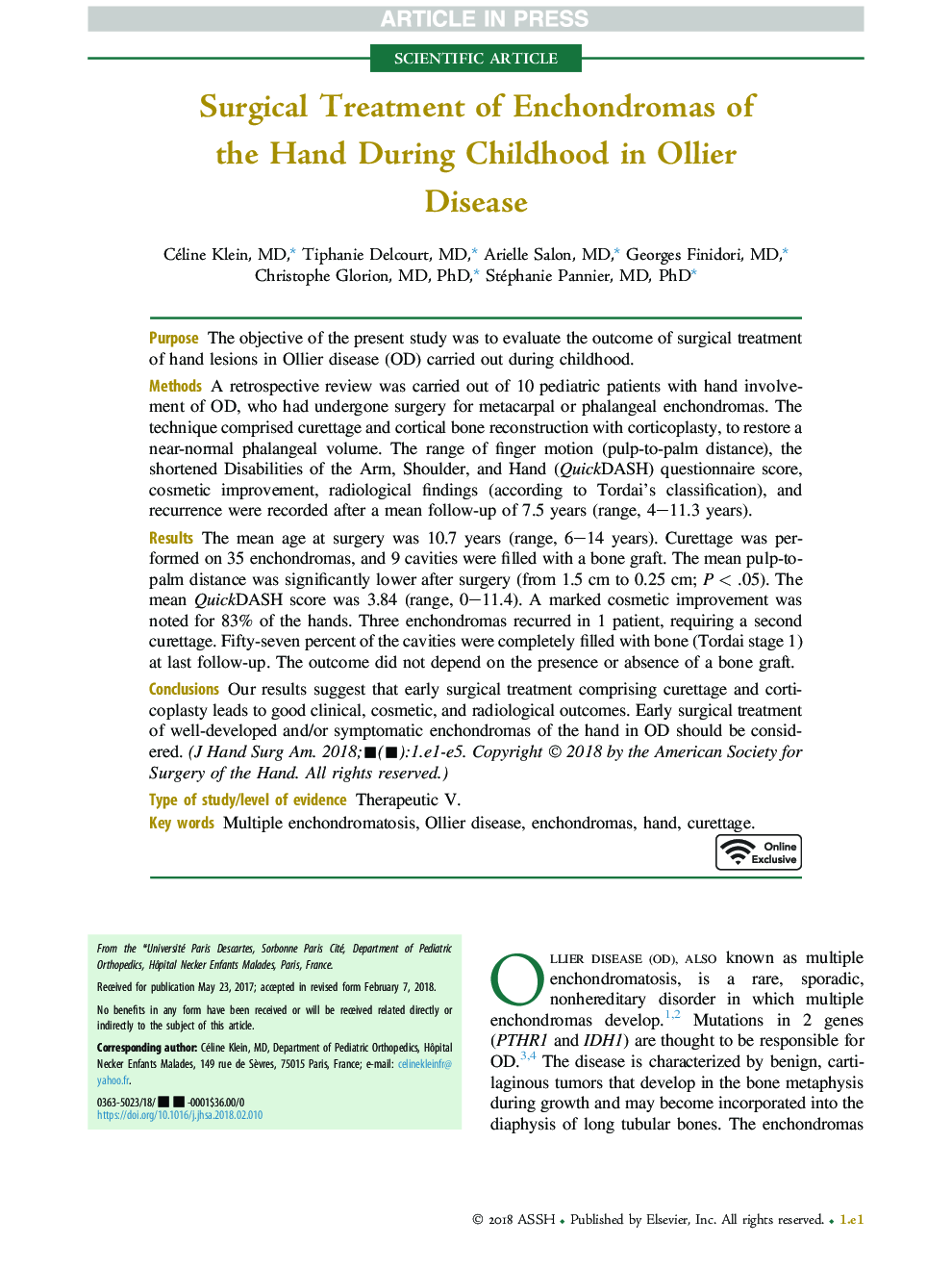 Surgical Treatment of Enchondromas of the Hand During Childhood in Ollier Disease