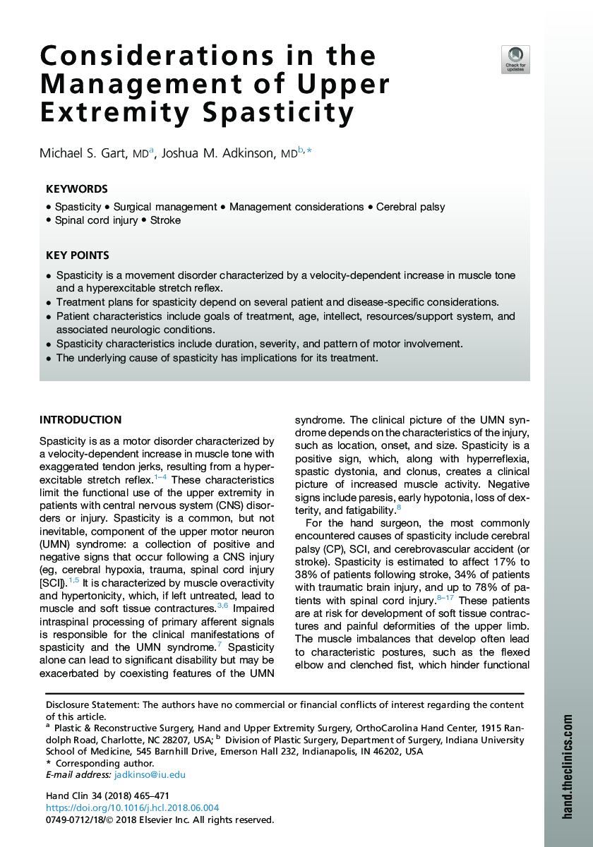 Considerations in the Management of Upper Extremity Spasticity