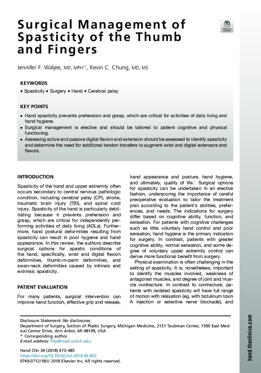 Surgical Management of Spasticity of the Thumb and Fingers