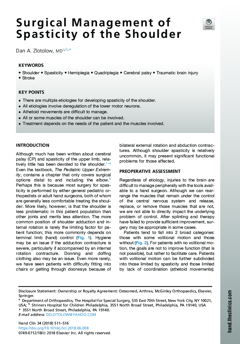 Surgical Management of Spasticity of the Shoulder