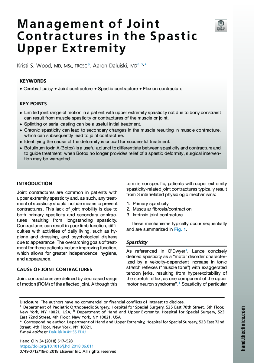 Management of Joint Contractures in the Spastic Upper Extremity
