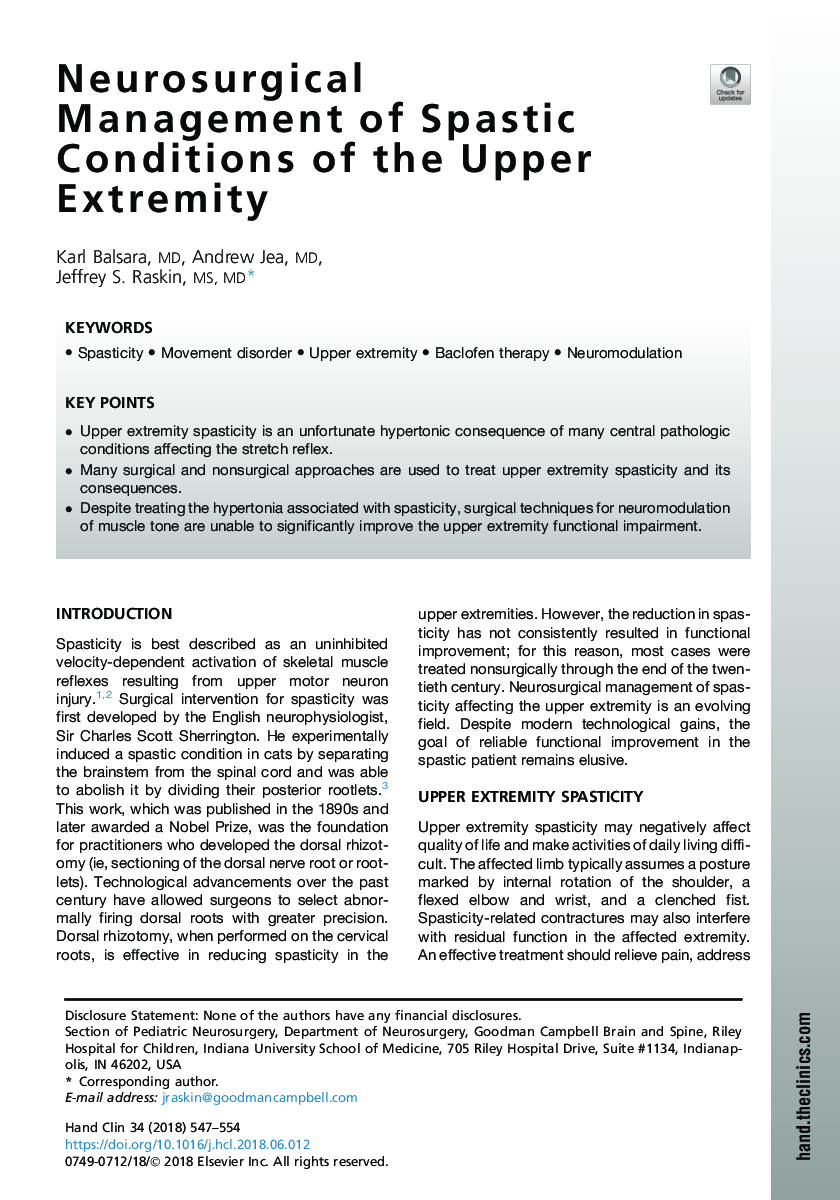 Neurosurgical Management of Spastic Conditions of the Upper Extremity