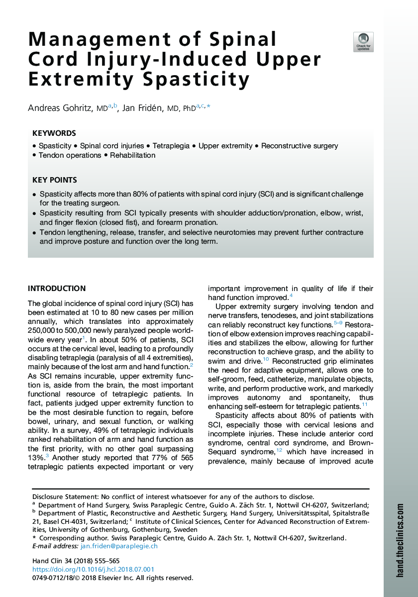 Management of Spinal Cord Injury-Induced Upper Extremity Spasticity