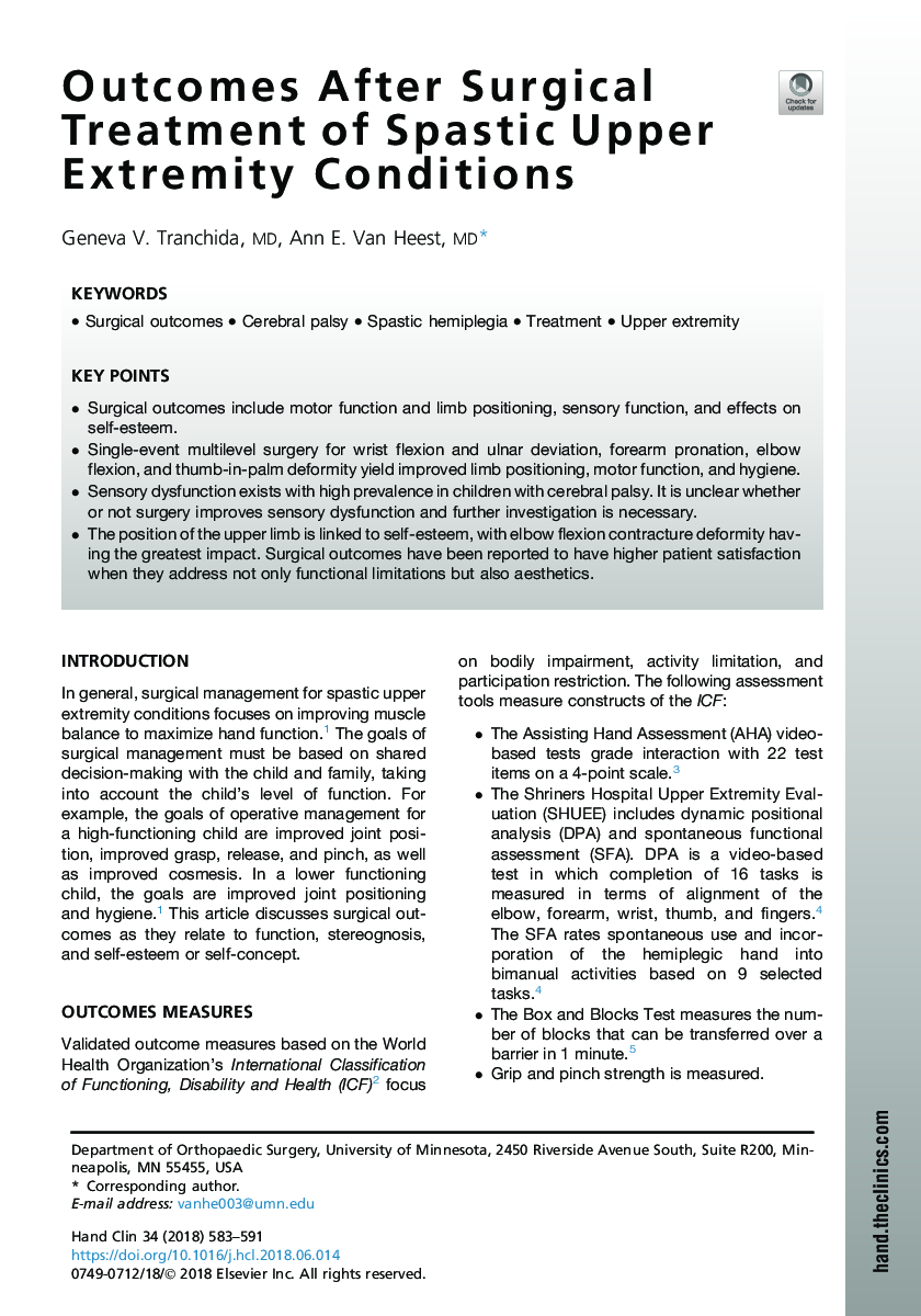 Outcomes After Surgical Treatment of Spastic Upper Extremity Conditions