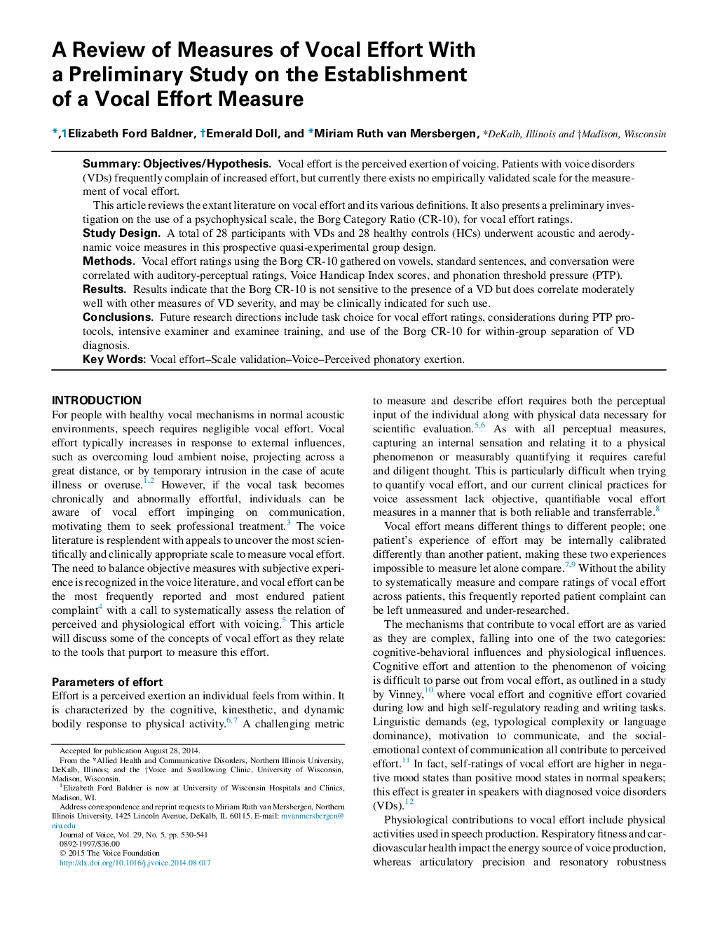 A Review of Measures of Vocal Effort With a Preliminary Study on the Establishment of a Vocal Effort Measure