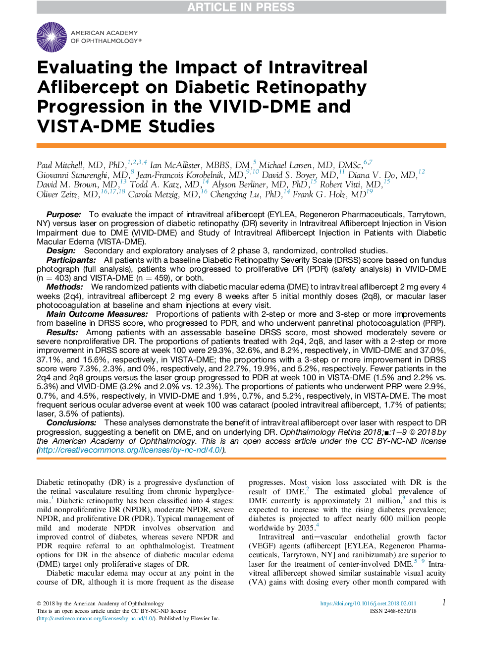 Evaluating the Impact of Intravitreal Aflibercept on Diabetic Retinopathy Progression in the VIVID-DME and VISTA-DME Studies