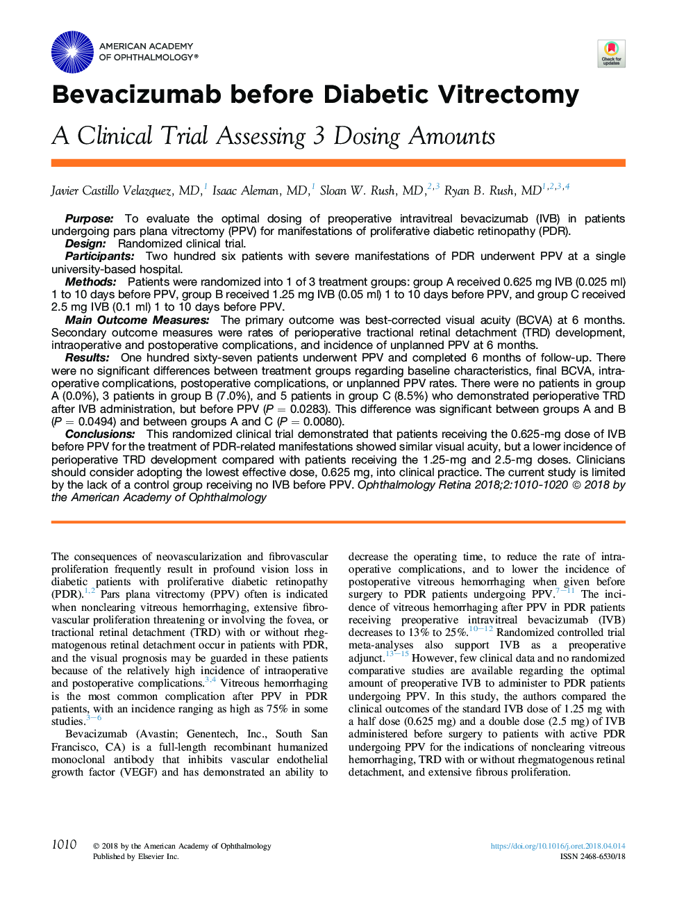 Bevacizumab before Diabetic Vitrectomy