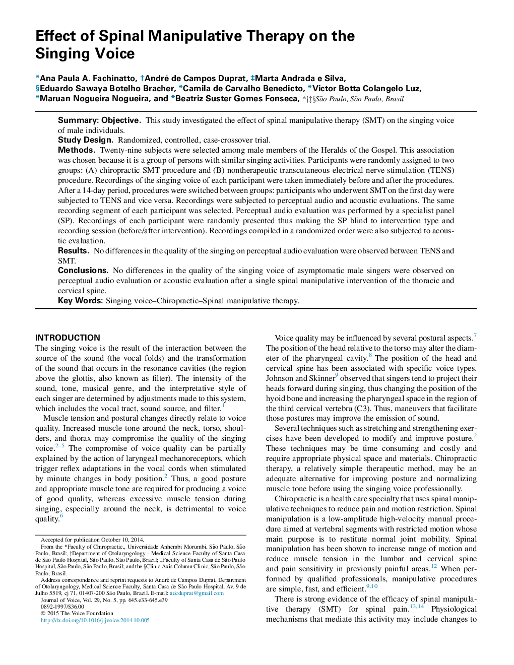 Effect of Spinal Manipulative Therapy on the Singing Voice