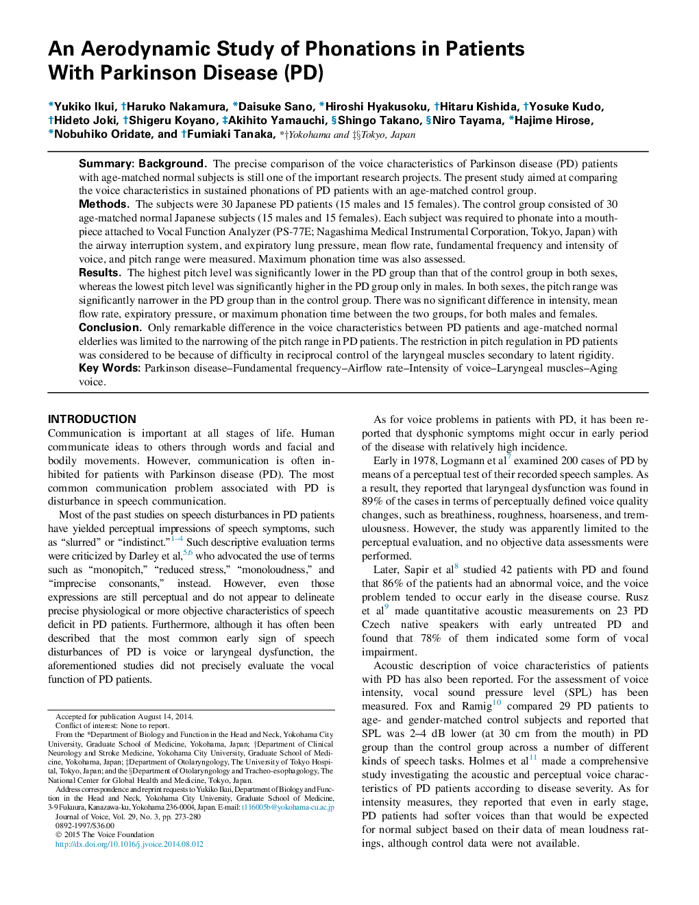 An Aerodynamic Study of Phonations in Patients With Parkinson Disease (PD) 