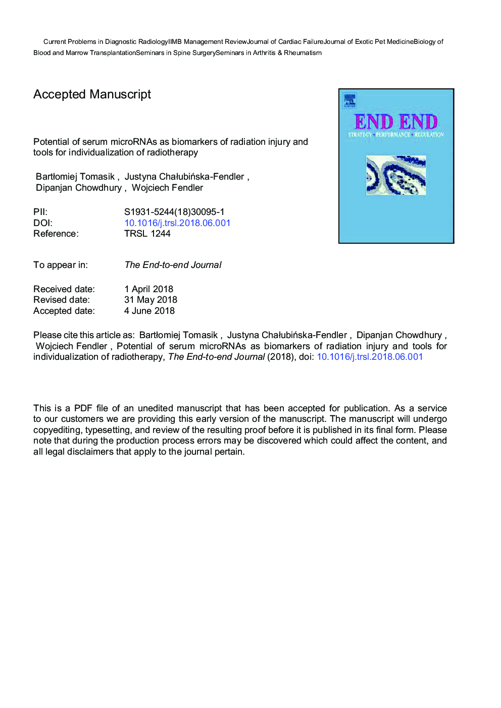 عکس صفحه اول مقاله: Potential of serum microRNAs as biomarkers of radiation injury and tools for individualization of radiotherapy Potential of serum microRNAs as biomarkers of radiation injury and tools for individualization of radiotherapy