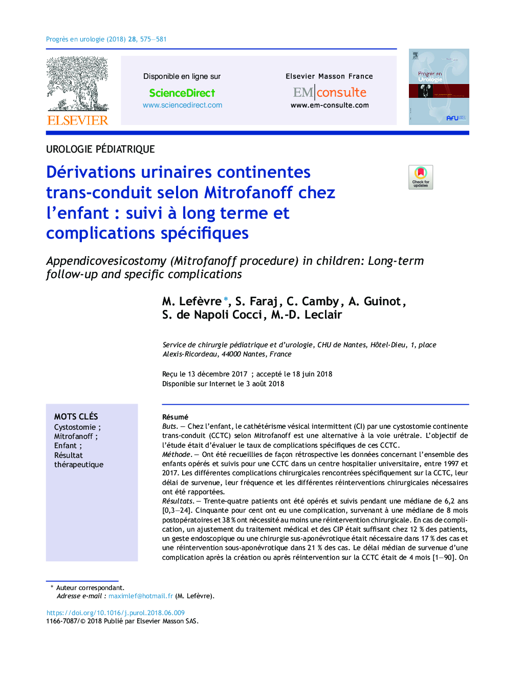 Dérivations urinaires continentes trans-conduit selon Mitrofanoff chez l'enfantÂ : suivi Ã  long terme et complications spécifiques