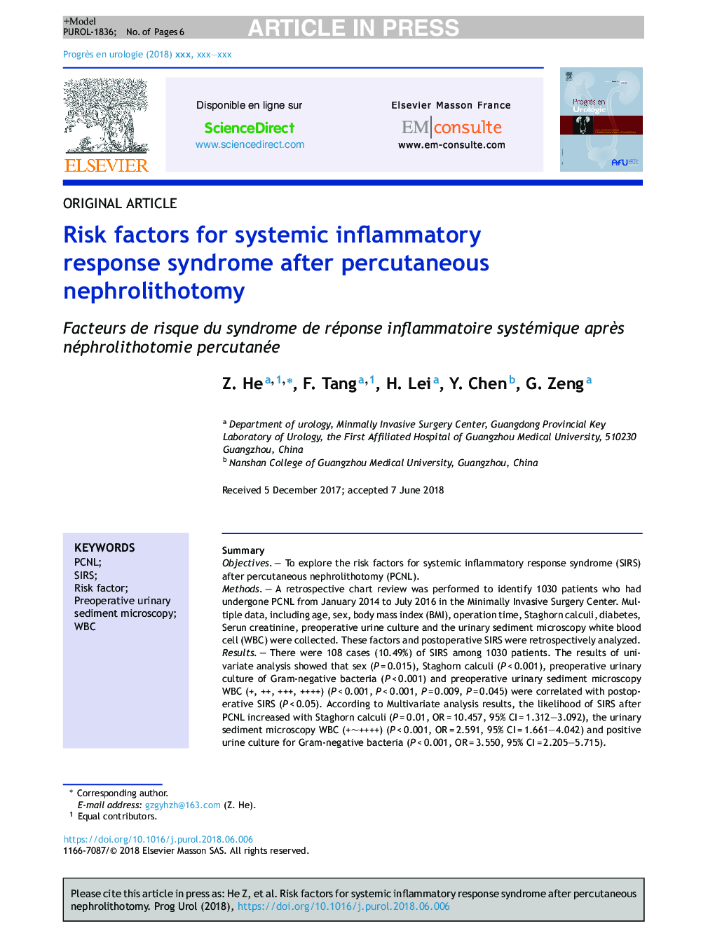 Risk factors for systemic inflammatory response syndrome after percutaneous nephrolithotomy