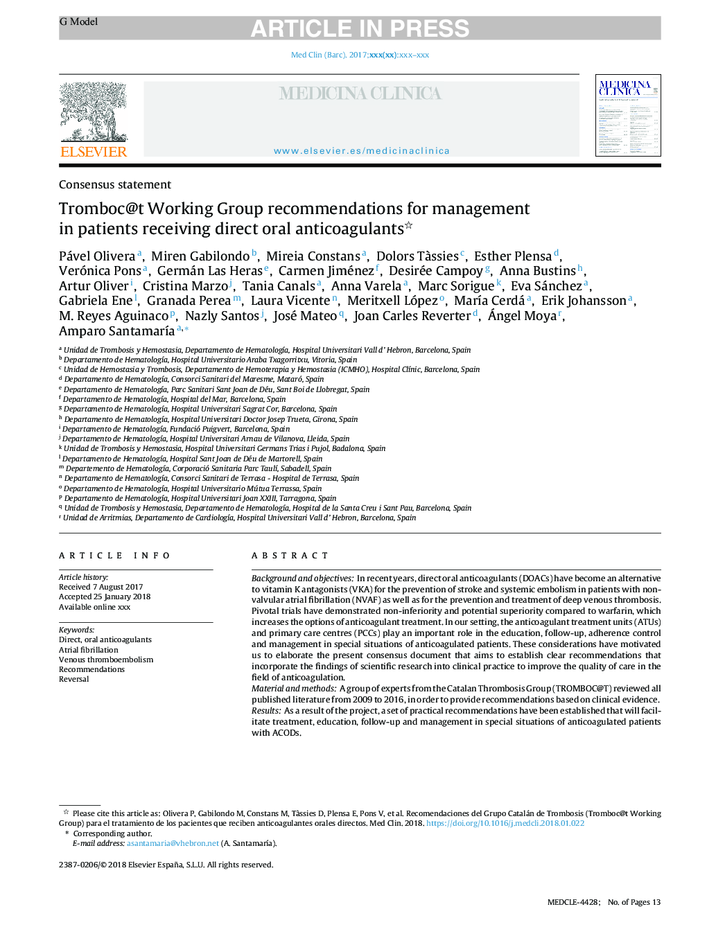 Tromboc@t Working Group recommendations for management in patients receiving direct oral anticoagulants