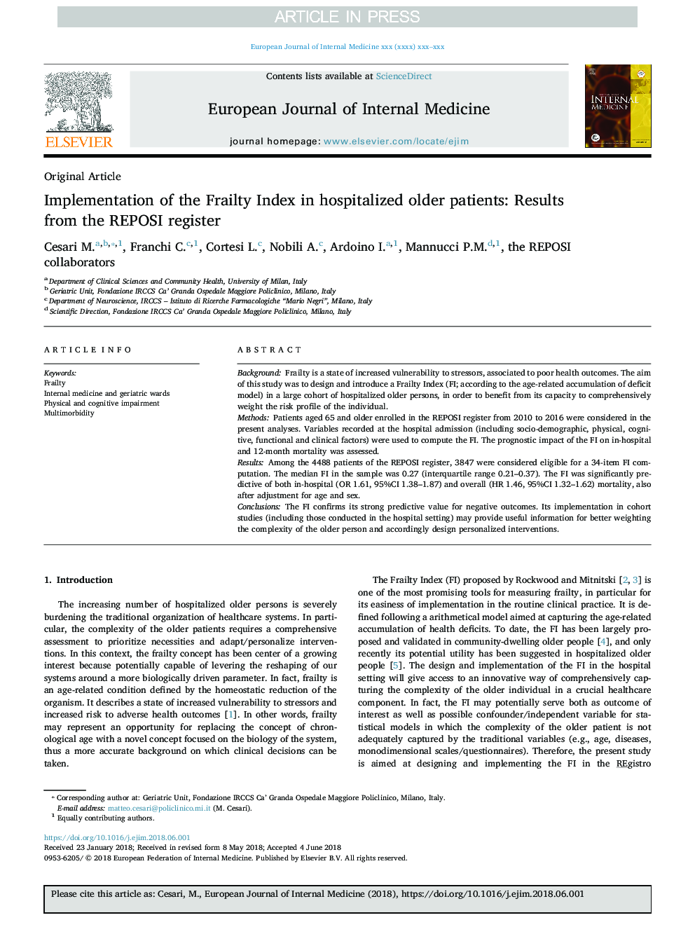 Implementation of the Frailty Index in hospitalized older patients: Results from the REPOSI register