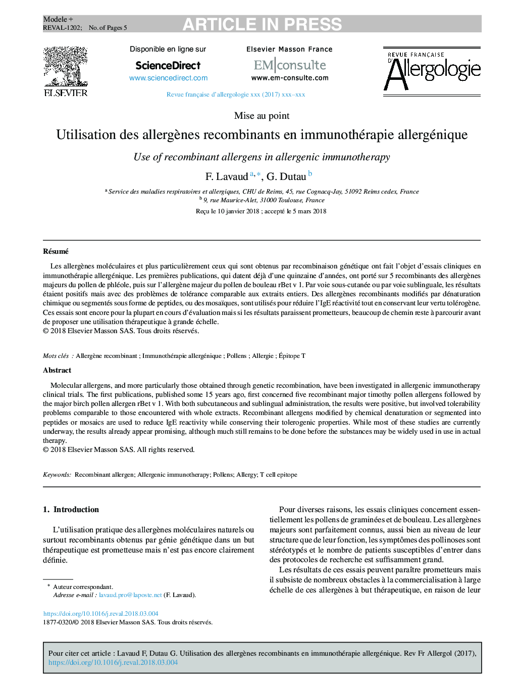 Utilisation des allergÃ¨nes recombinants en immunothérapie allergénique