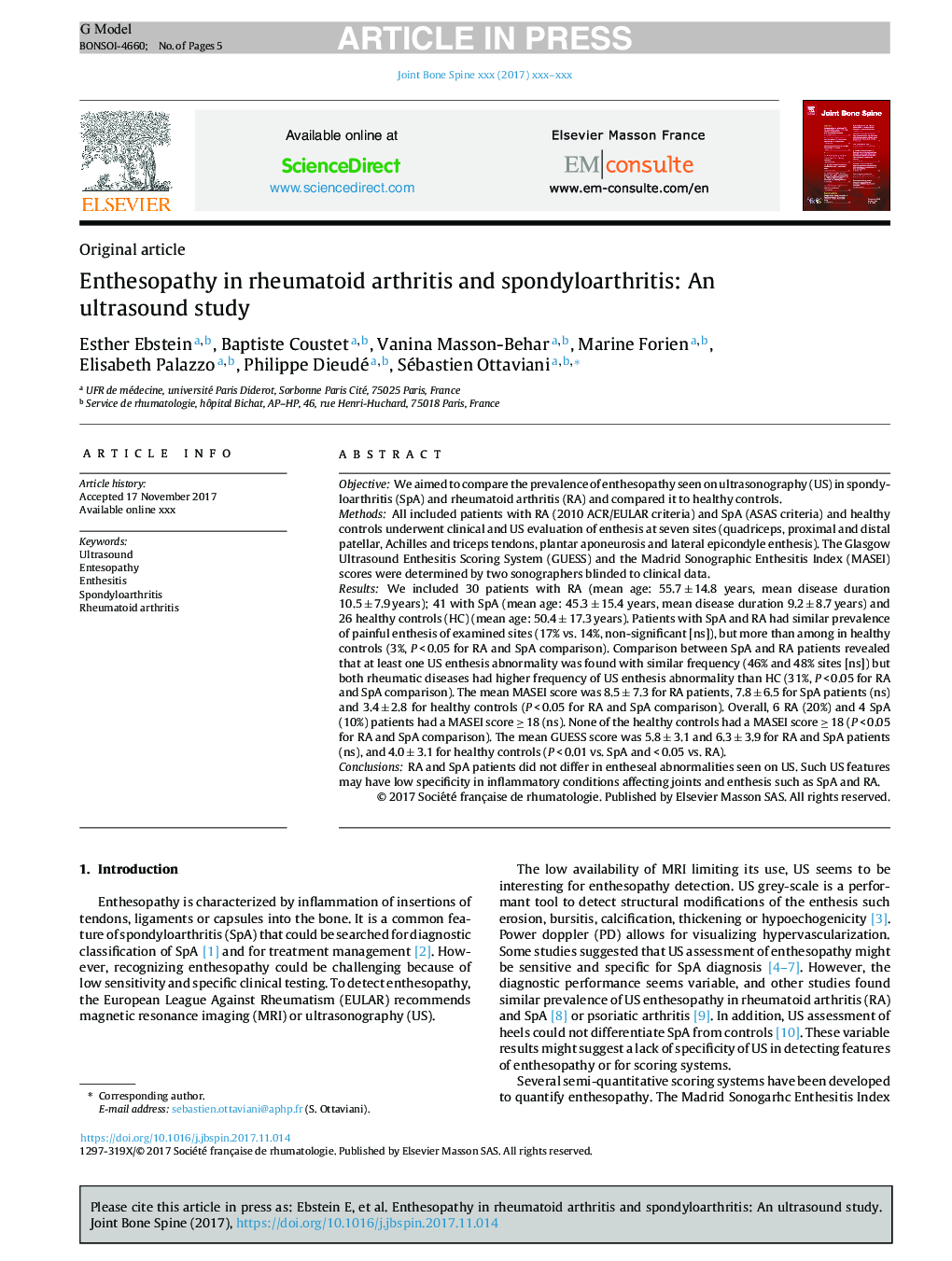 Enthesopathy in rheumatoid arthritis and spondyloarthritis: An ultrasound study