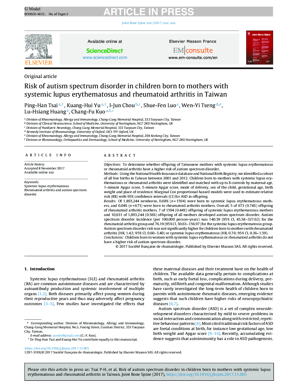 Risk of autism spectrum disorder in children born to mothers with systemic lupus erythematosus and rheumatoid arthritis in Taiwan