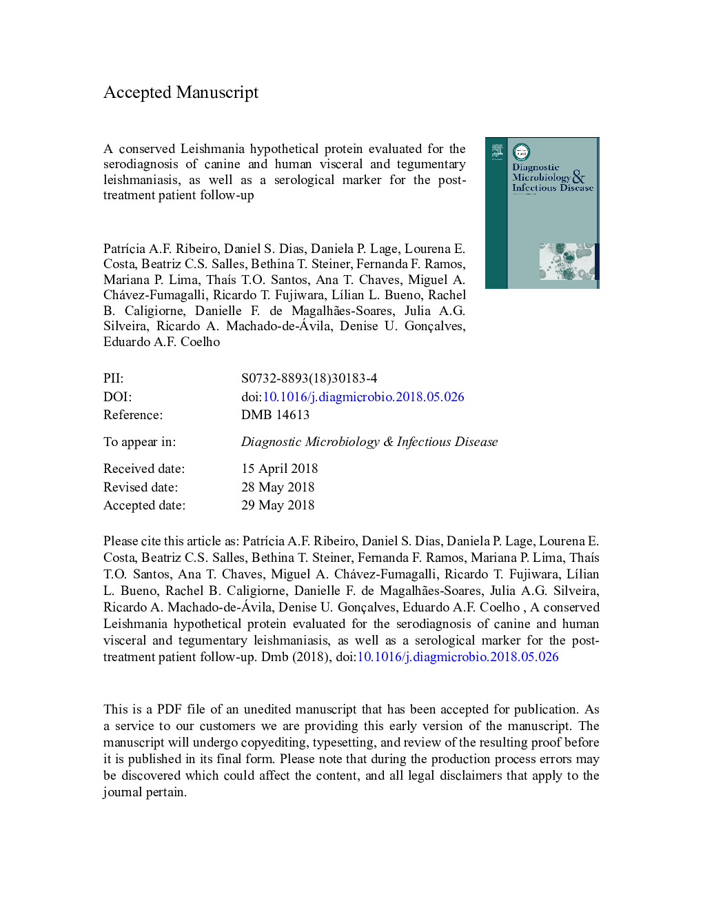 A conserved Leishmania hypothetical protein evaluated for the serodiagnosis of canine and human visceral and tegumentary leishmaniasis, as well as a serological marker for the posttreatment patient follow-up