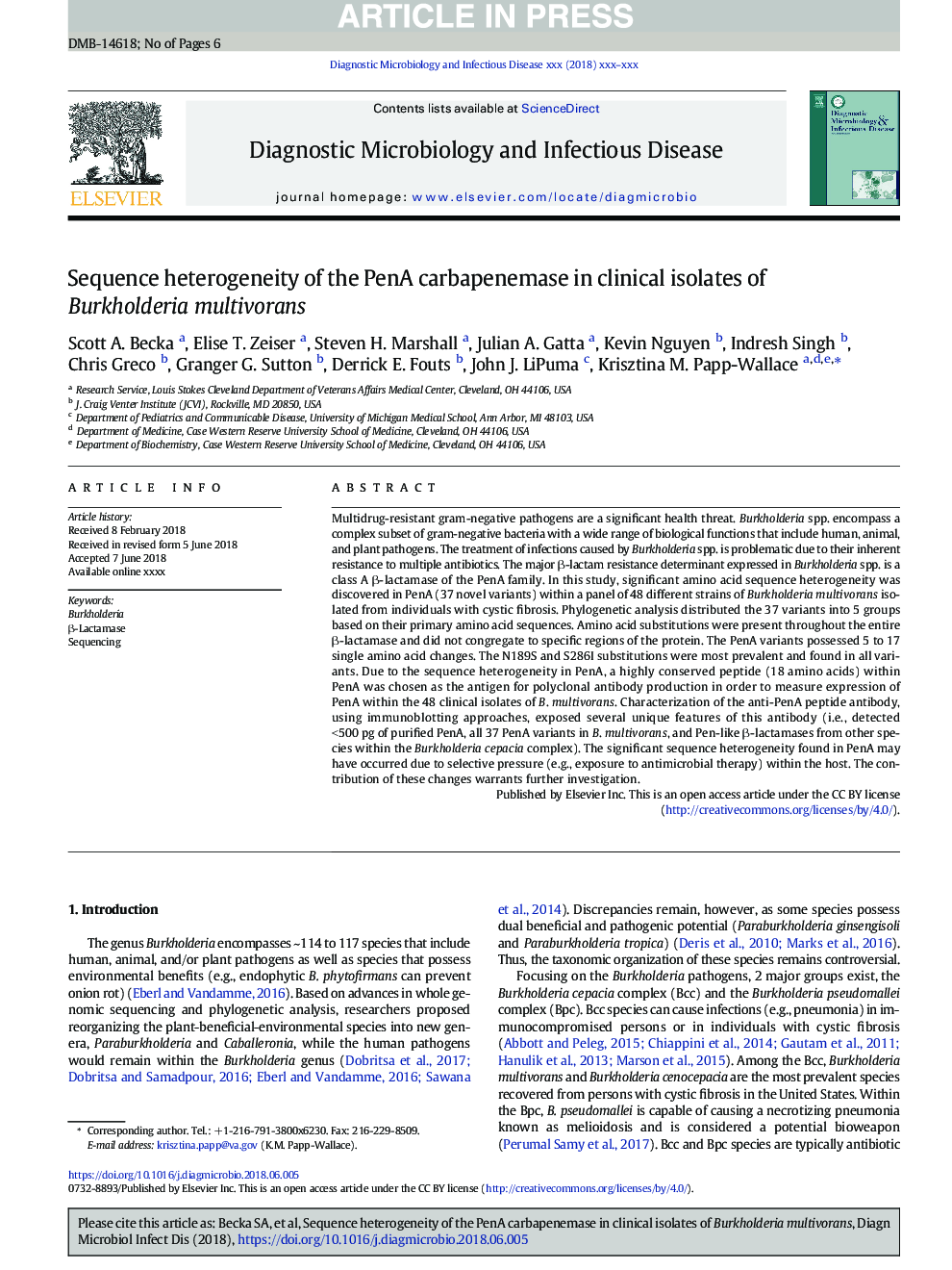 Sequence heterogeneity of the PenA carbapenemase in clinical isolates of Burkholderia multivorans