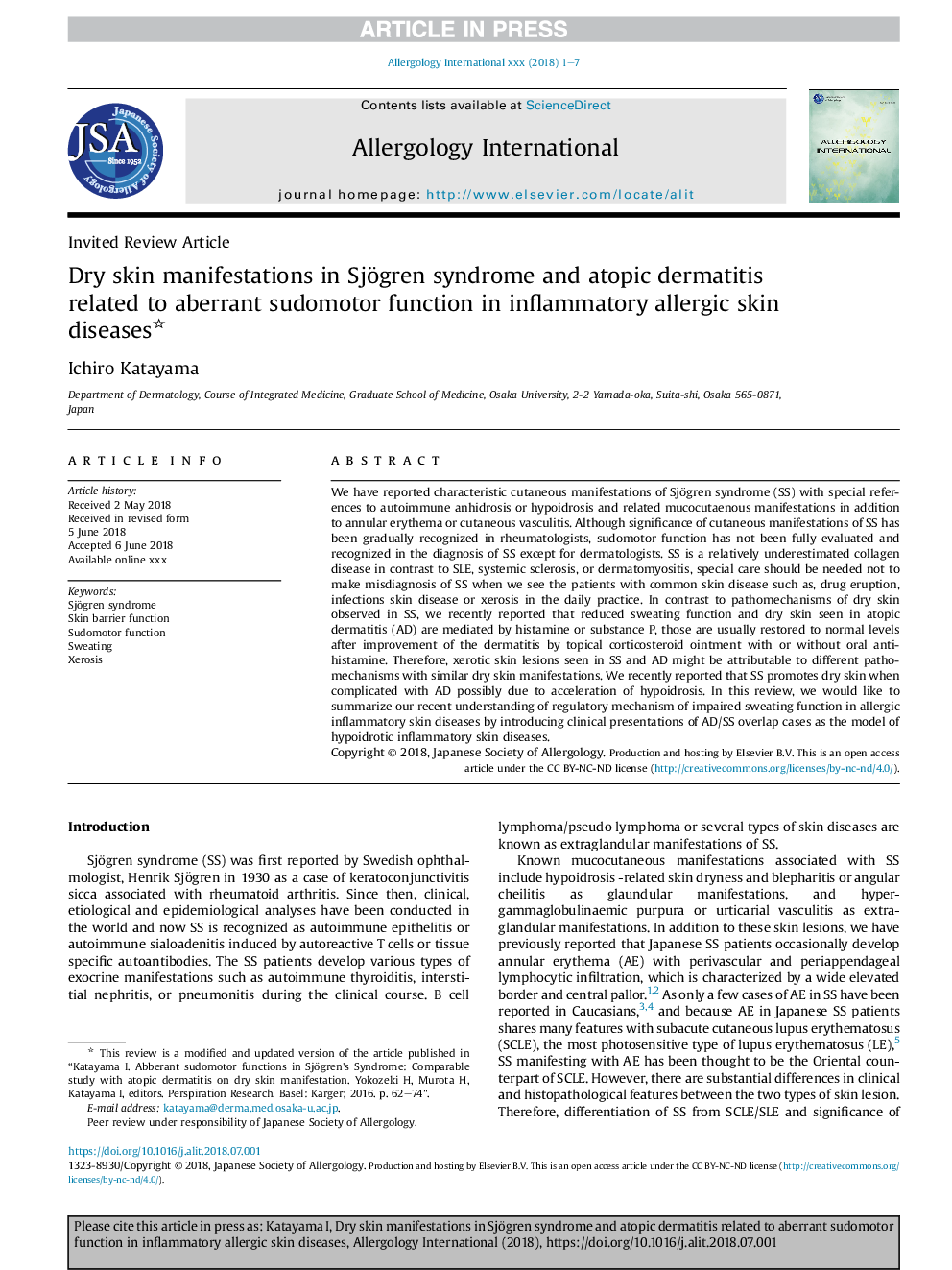 Dry skin manifestations in Sjögren syndrome and atopic dermatitis related to aberrant sudomotor function in inflammatory allergic skin diseases