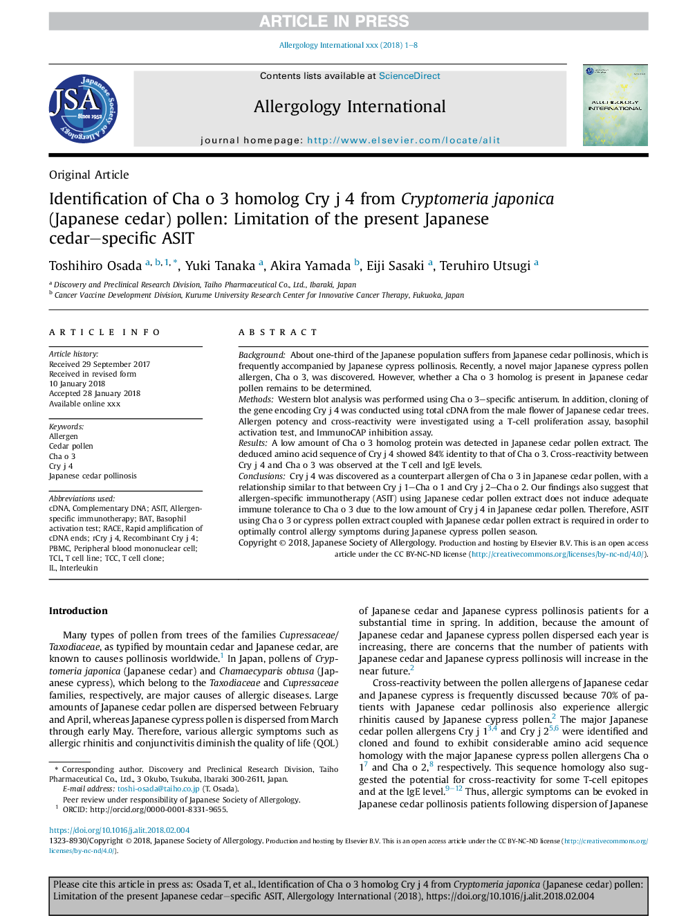 Identification of Cha o 3 homolog Cry j 4 from Cryptomeria japonica (Japanese cedar) pollen: Limitation of the present Japanese cedar-specific ASIT