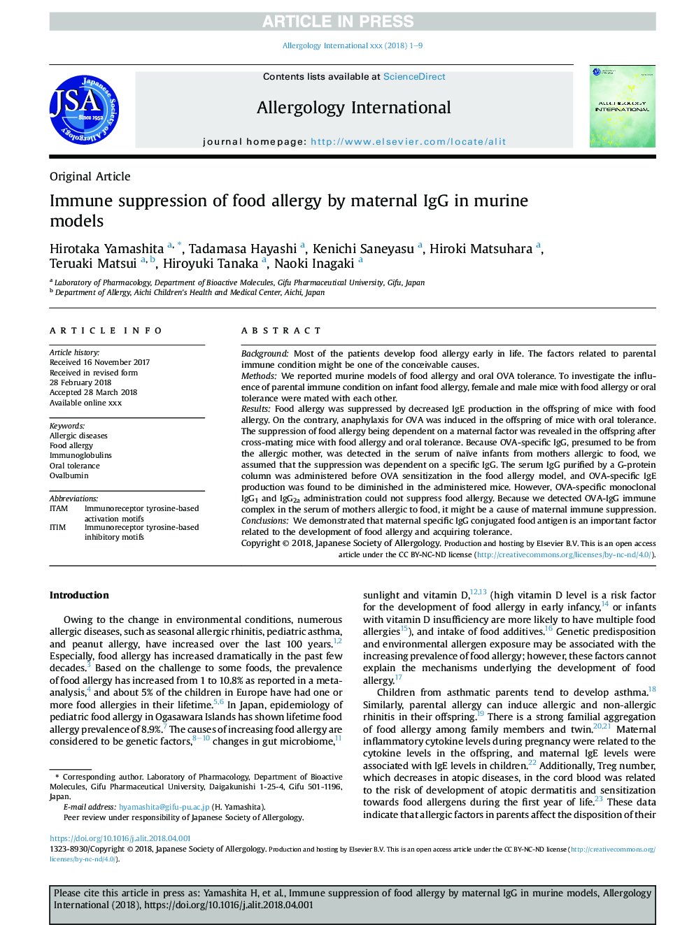 Immune suppression of food allergy by maternal IgG in murine models