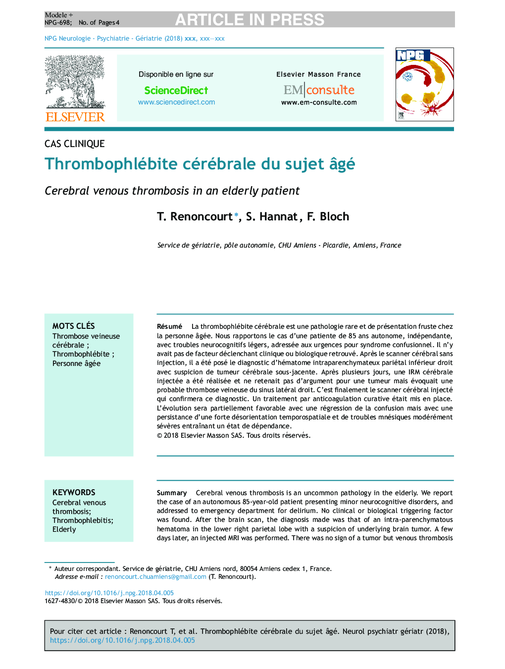 Thrombophlébite cérébrale du sujet Ã¢gé