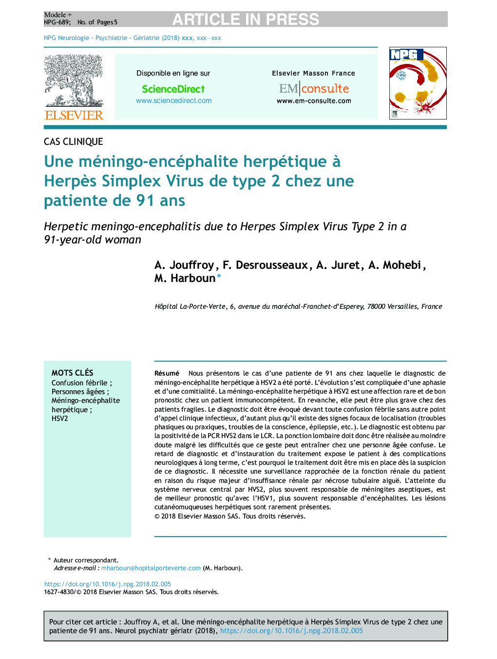 Une méningo-encéphalite herpétique Ã  HerpÃ¨s Simplex Virus de type 2Â chez une patiente de 91Â ans