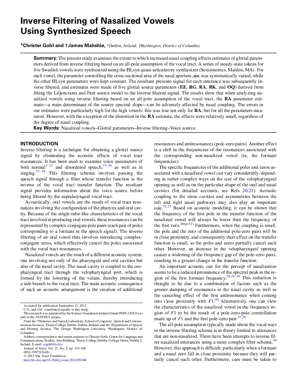 Inverse Filtering of Nasalized Vowels Using Synthesized Speech 