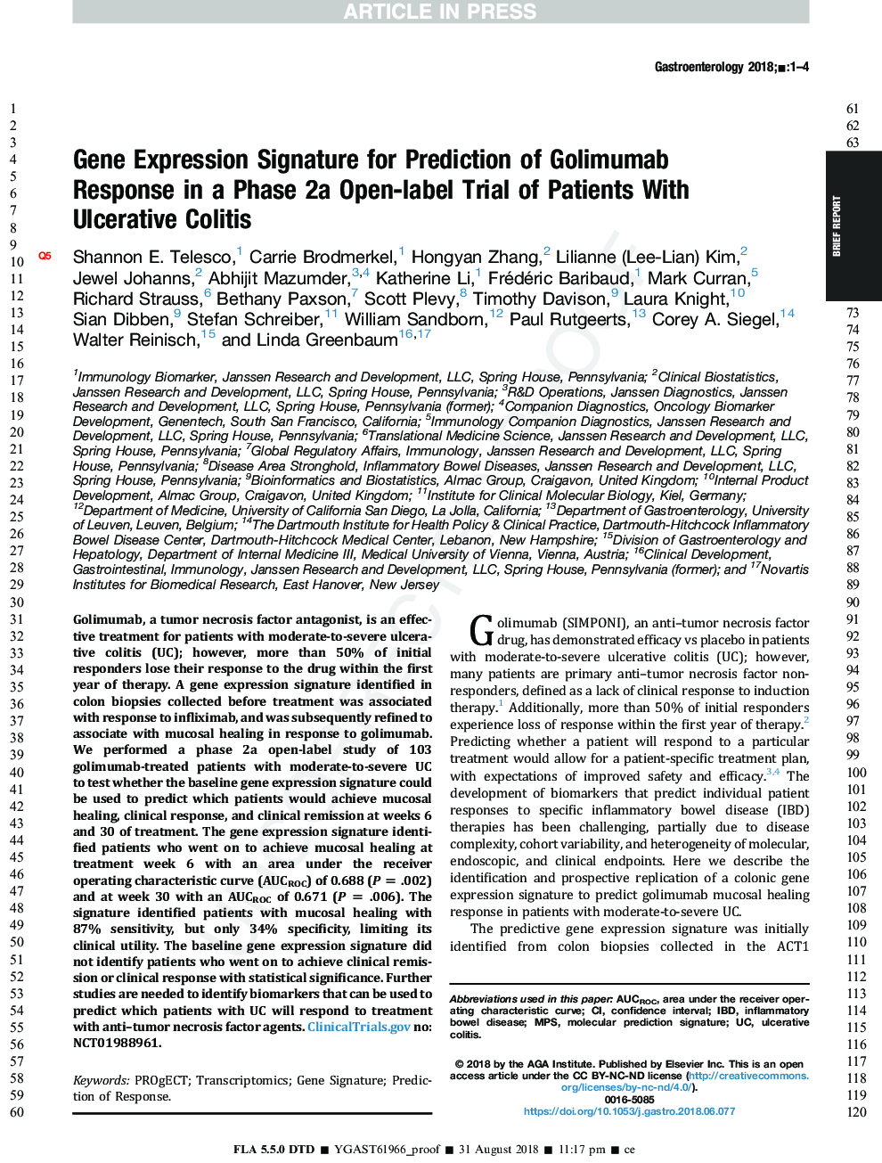 Gene Expression Signature for Prediction of Golimumab Response in a Phase 2a Open-Label Trial of Patients With Ulcerative Colitis