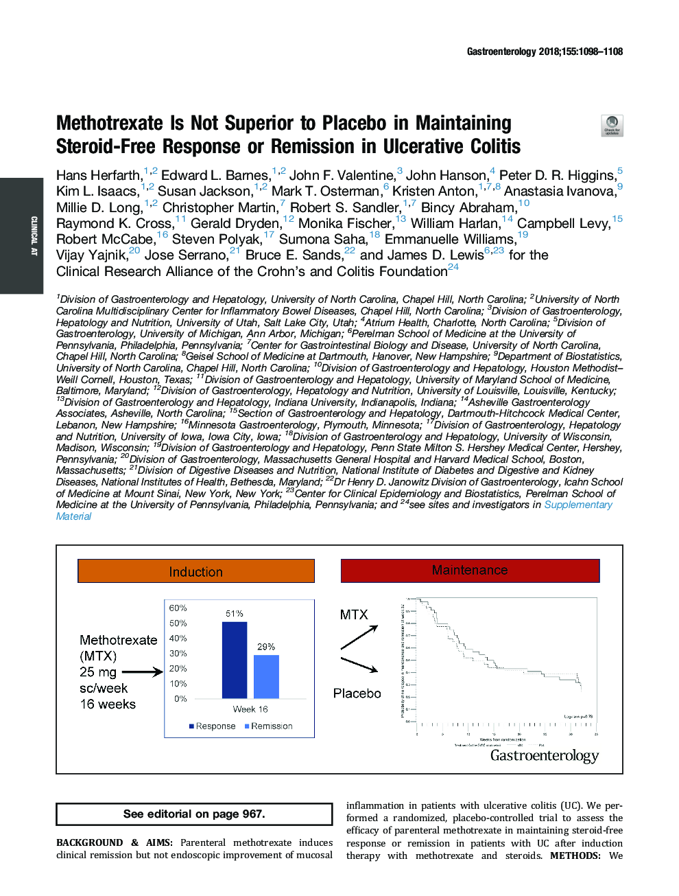 Methotrexate Is Not Superior to Placebo in Maintaining Steroid-Free Response or Remission in Ulcerative Colitis