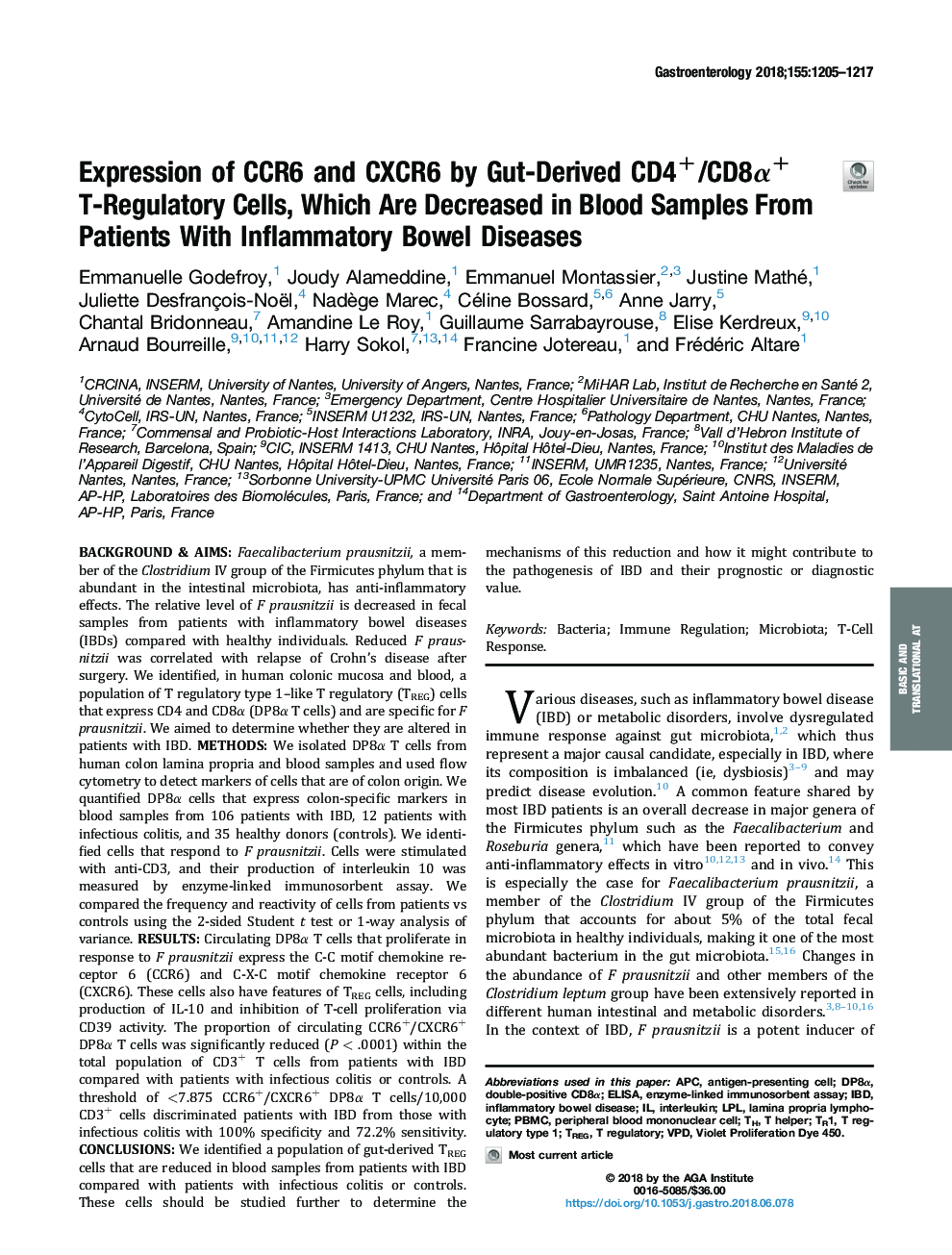 Expression of CCR6 and CXCR6 by Gut-Derived CD4+/CD8Î±+ T-Regulatory Cells, Which Are Decreased in Blood Samples From Patients With Inflammatory Bowel Diseases