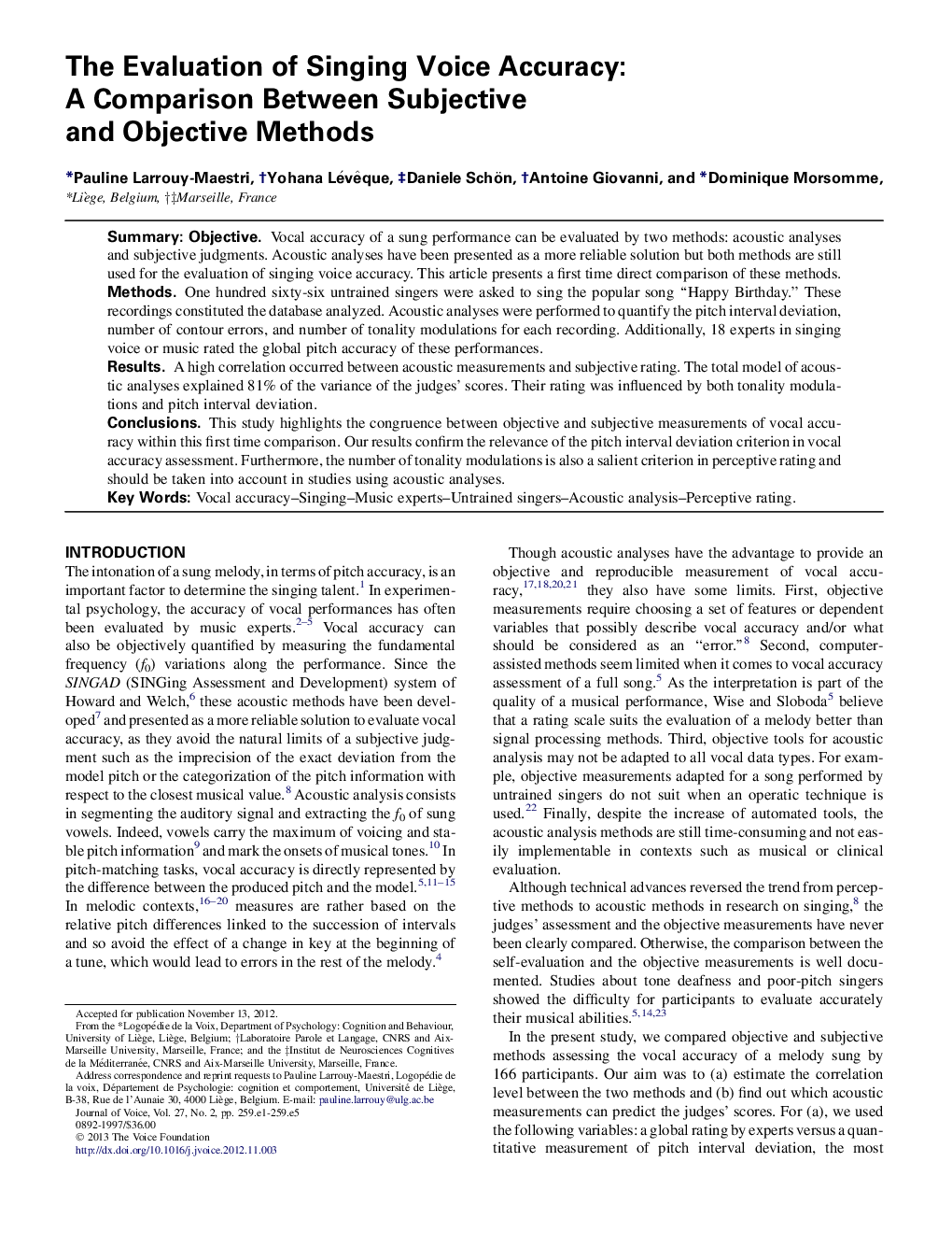 The Evaluation of Singing Voice Accuracy: A Comparison Between Subjective and Objective Methods