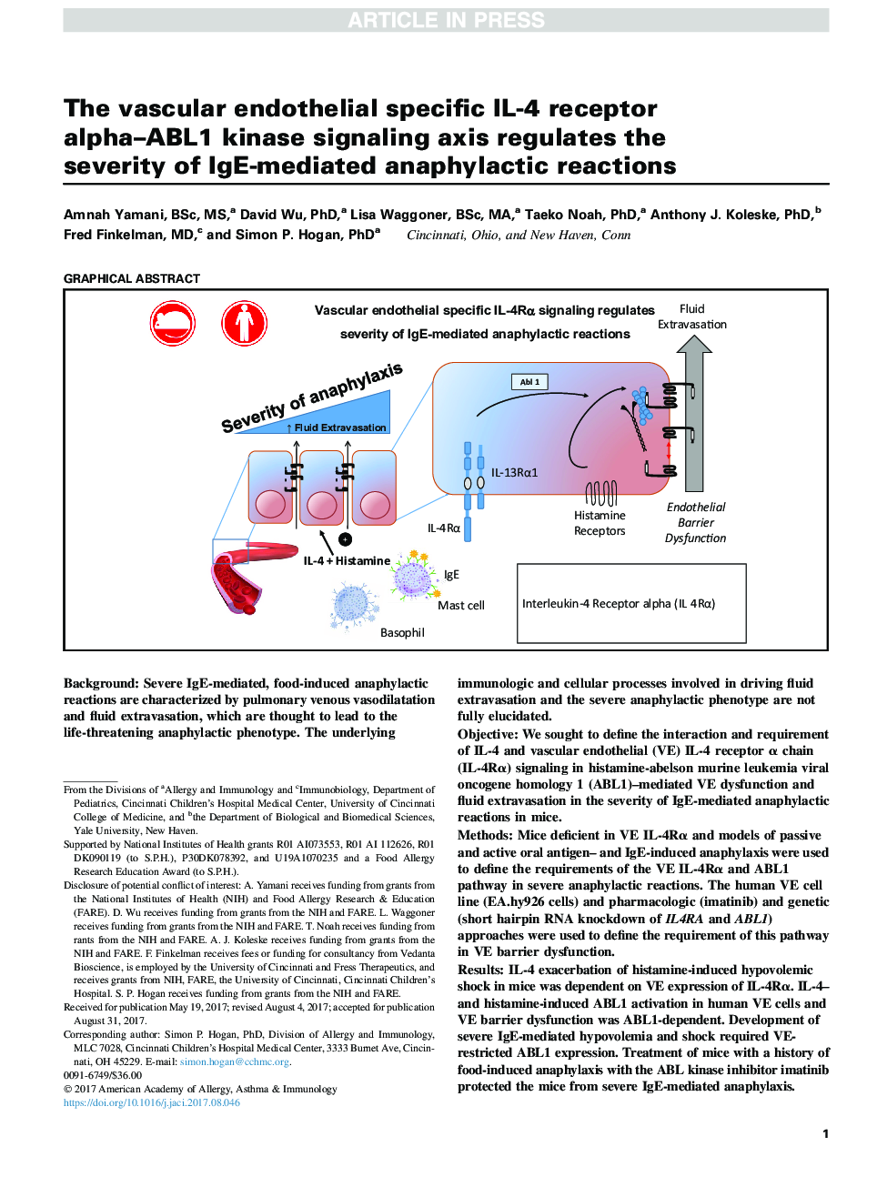 The vascular endothelial specific IL-4 receptor alpha-ABL1 kinase signaling axis regulates the severity of IgE-mediated anaphylactic reactions