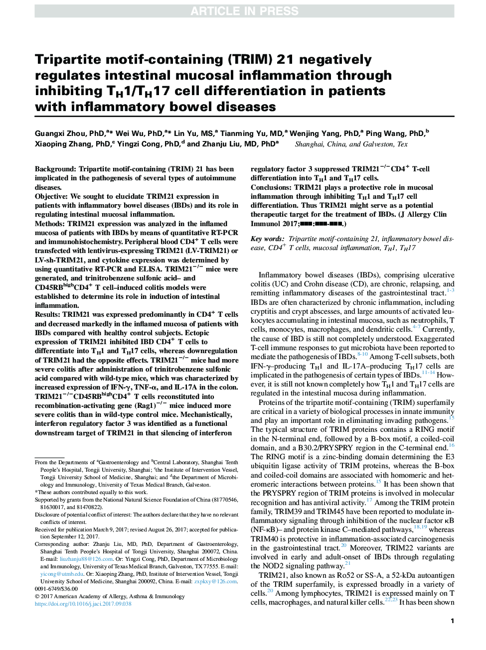 Tripartite motif-containing (TRIM) 21 negatively regulates intestinal mucosal inflammation through inhibiting TH1/TH17Â cell differentiation in patients with inflammatory bowel diseases