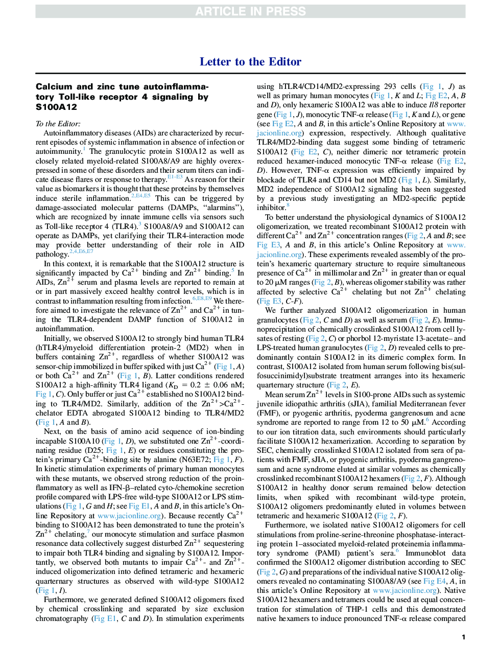 Calcium and zinc tune autoinflammatory Toll-like receptor 4 signaling by S100A12