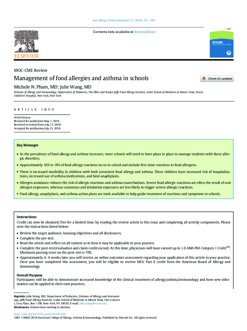 Management of food allergies and asthma in schools