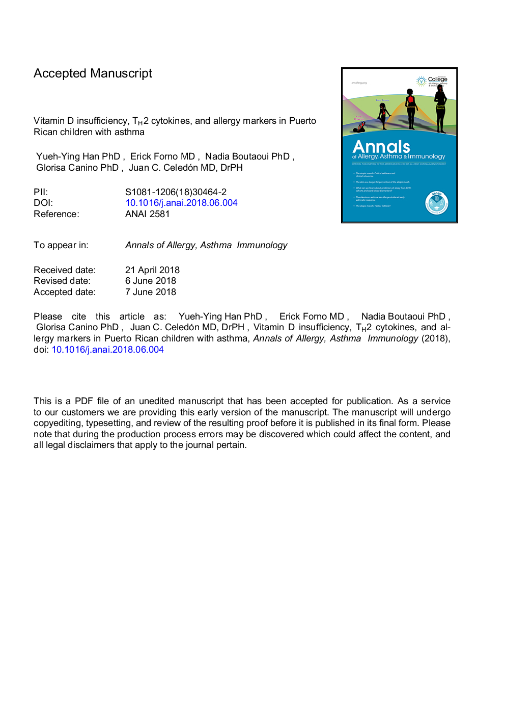 Vitamin D insufficiency, TH2 cytokines, and allergy markers in Puerto Rican children with asthma