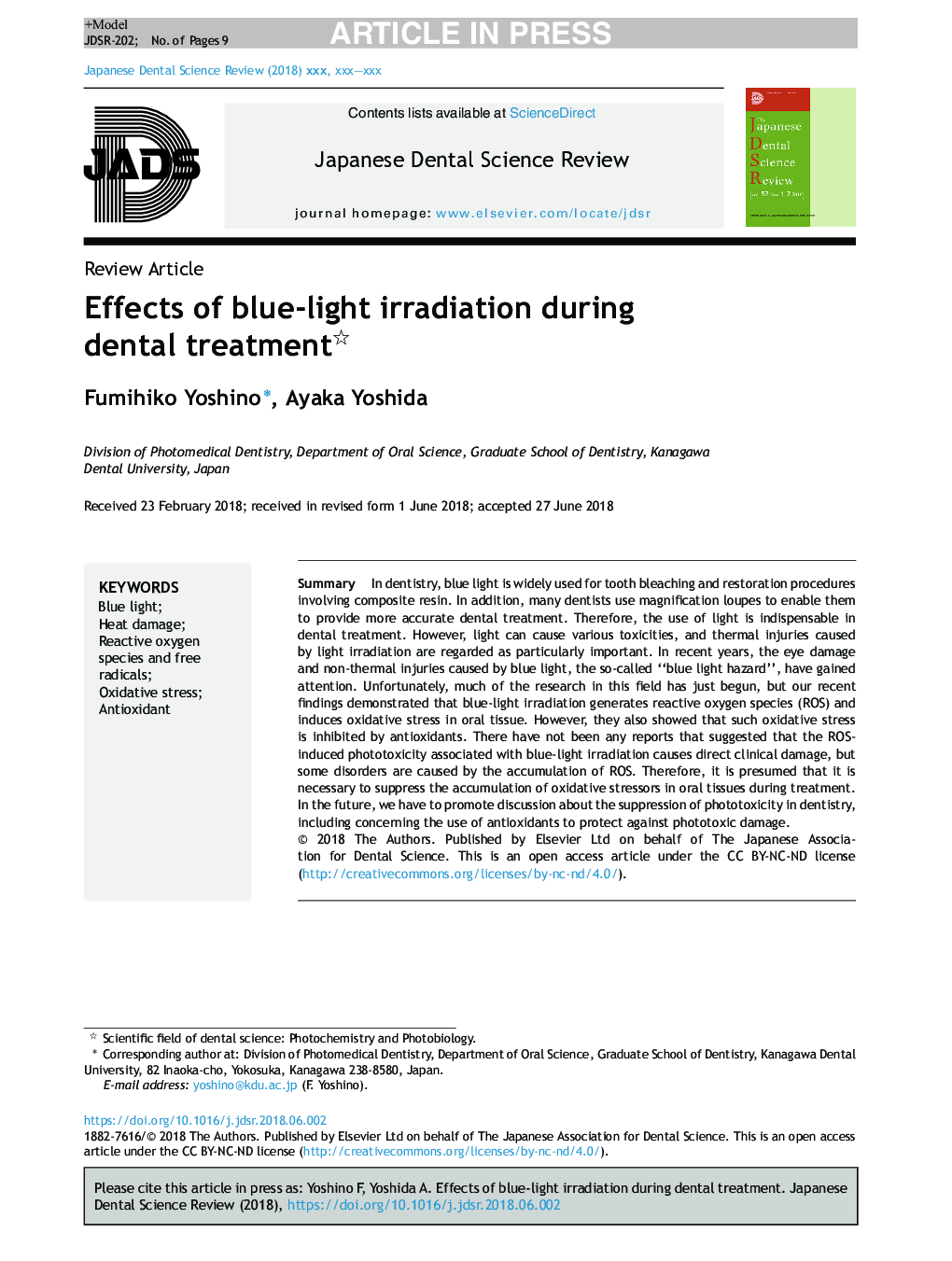 Effects of blue-light irradiation during dental treatment