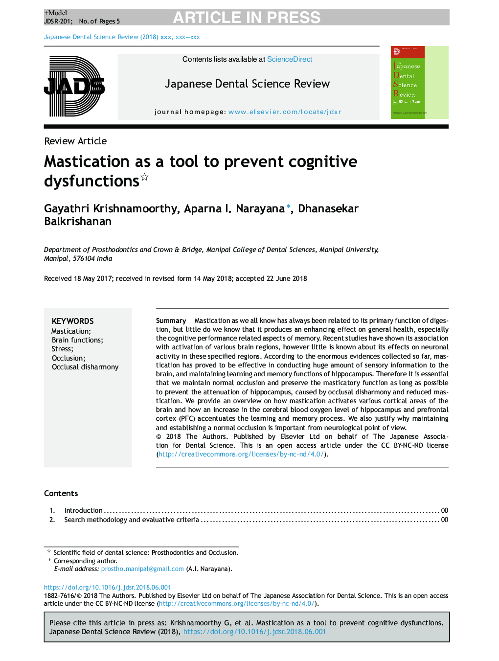 Mastication as a tool to prevent cognitive dysfunctions