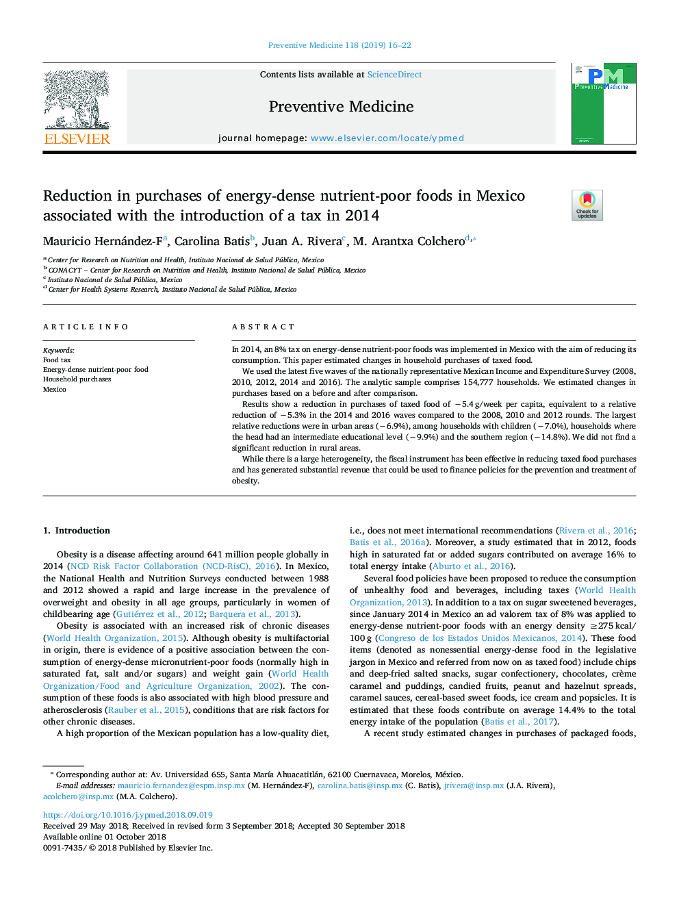 Reduction in purchases of energy-dense nutrient-poor foods in Mexico associated with the introduction of a tax in 2014