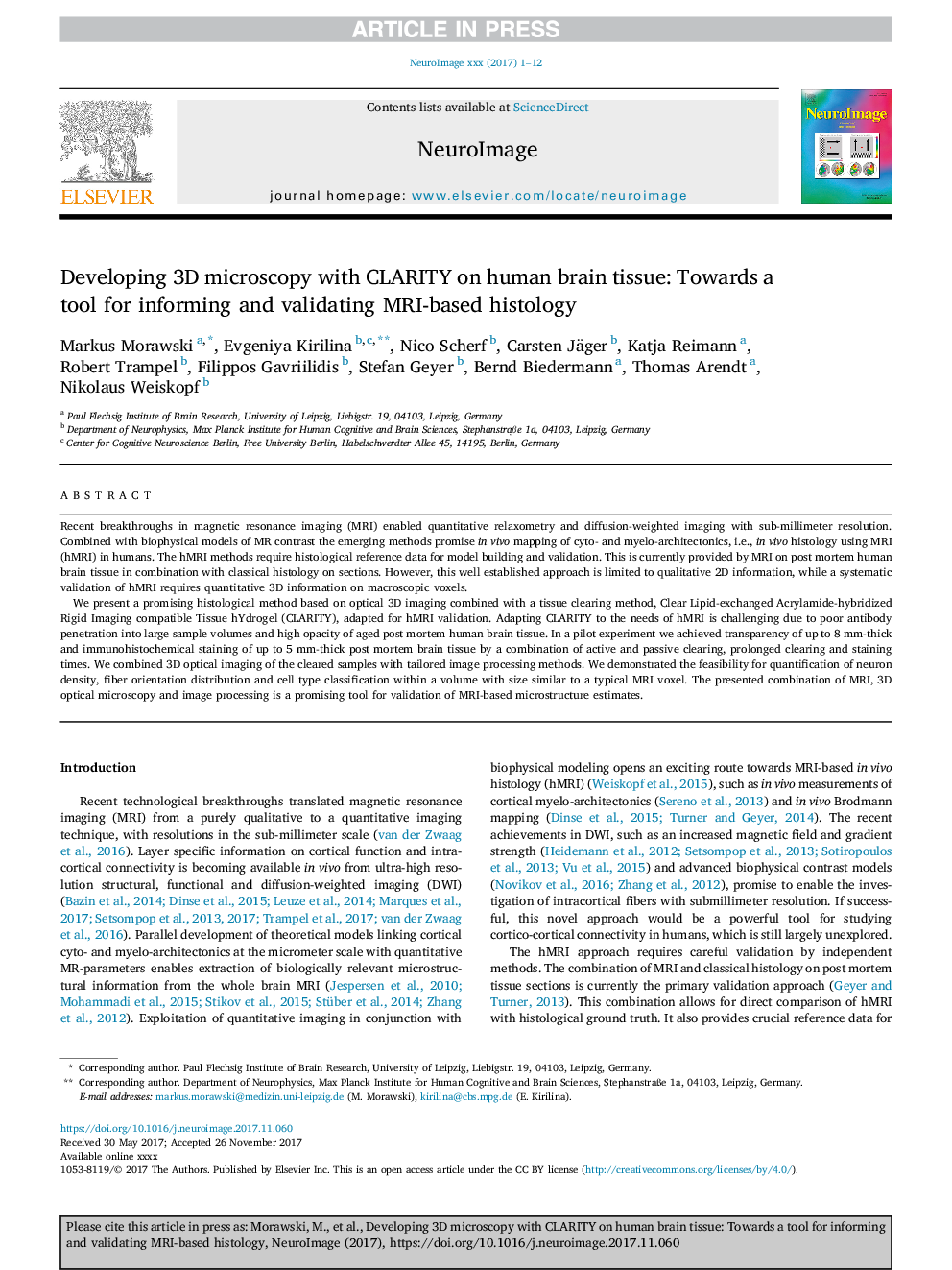 عکس صفحه اول مقاله: Developing 3D microscopy with CLARITY on human brain tissue: Towards a tool for informing and validating MRI-based histology Developing 3D microscopy with CLARITY on human brain tissue: Towards a tool for informing and validating MRI-based histology