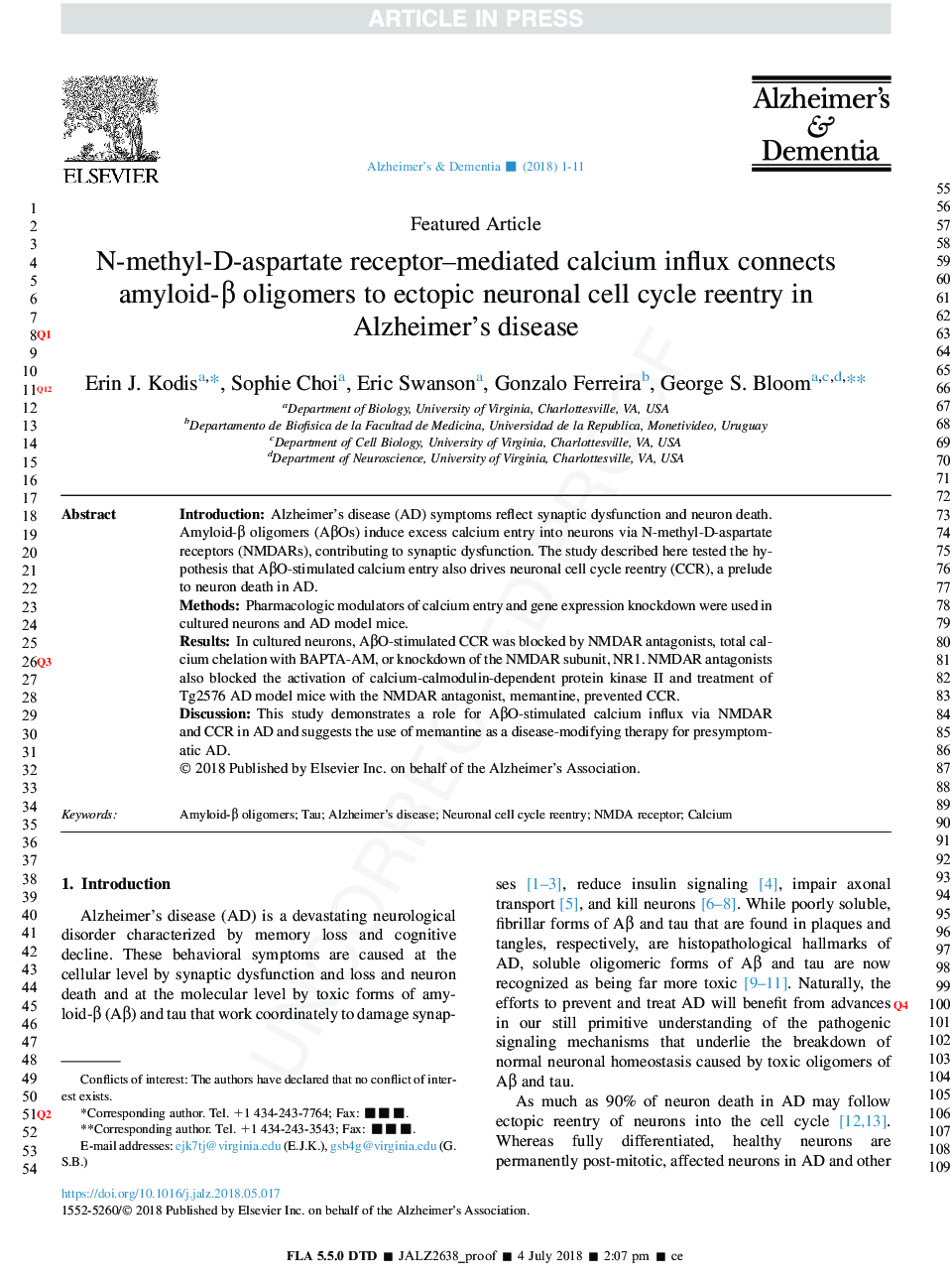 N-methyl-D-aspartate receptor-mediated calcium influx connects amyloid-Î² oligomers to ectopic neuronal cell cycle reentry in Alzheimer's disease