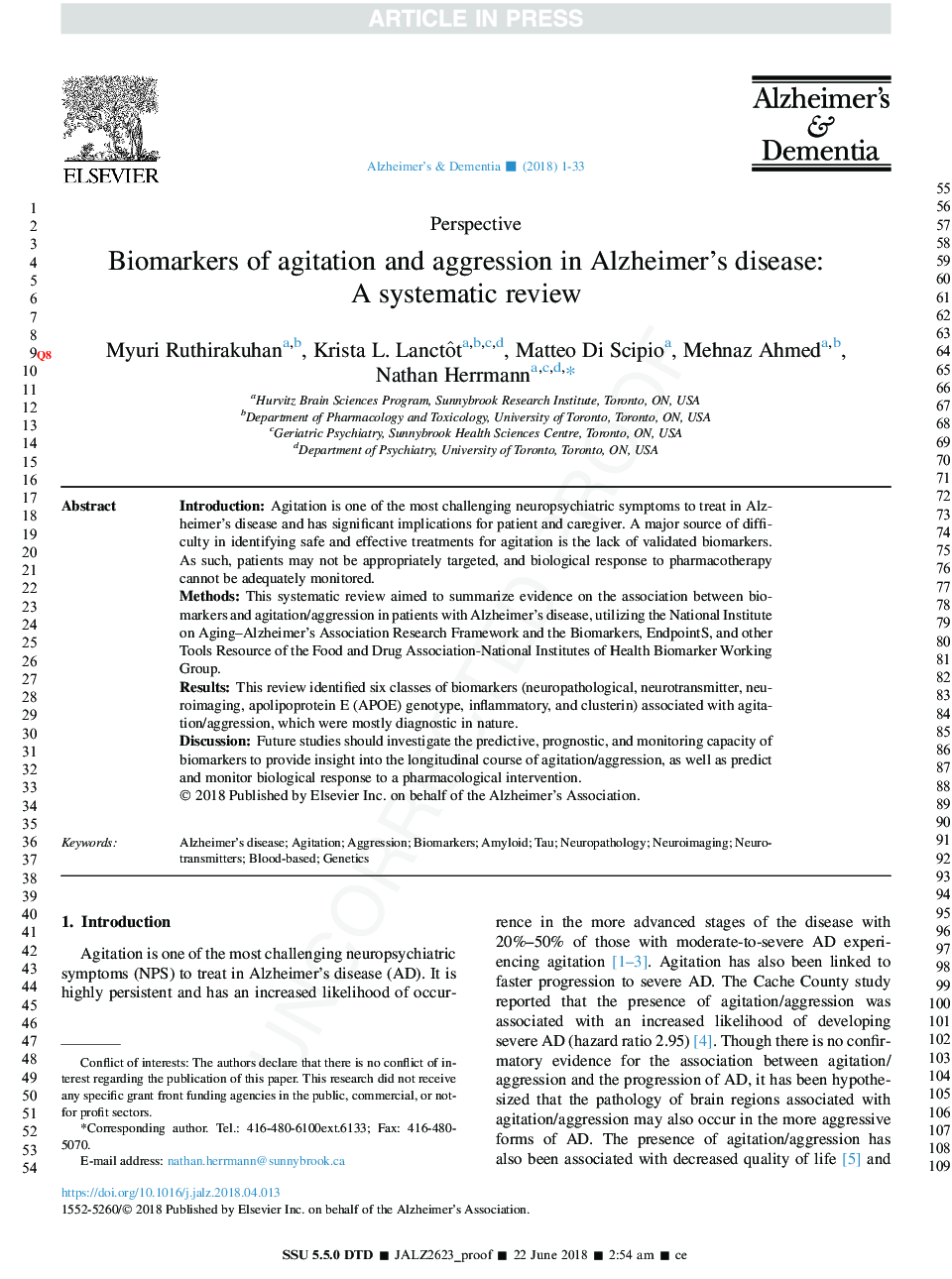 Biomarkers of agitation and aggression in Alzheimer's disease: A systematic review