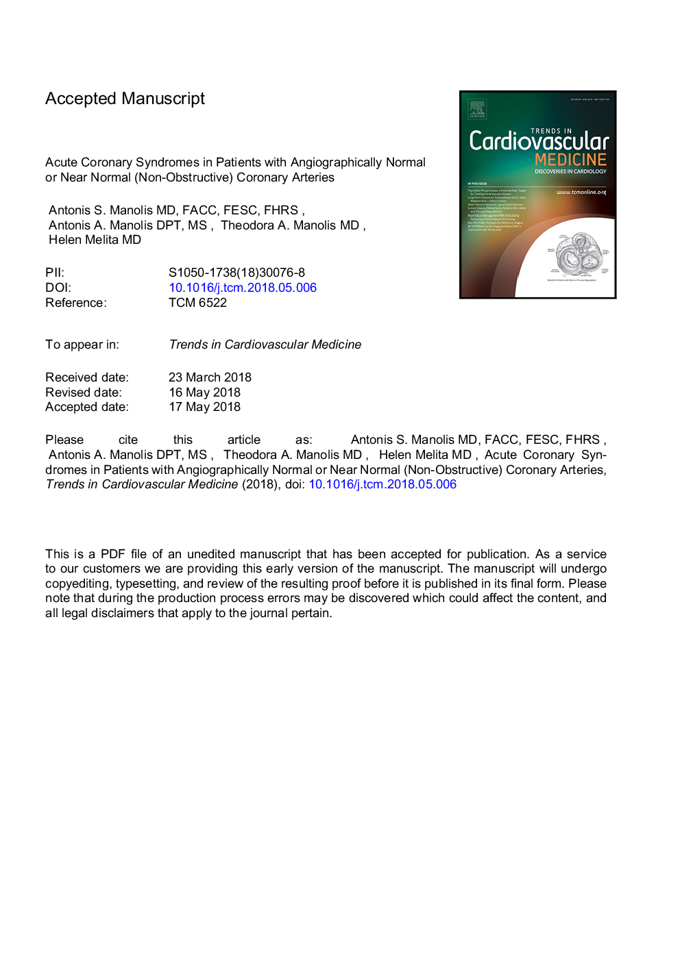 Acute coronary syndromes in patients with angiographically normal or near normal (non-obstructive) coronary arteries