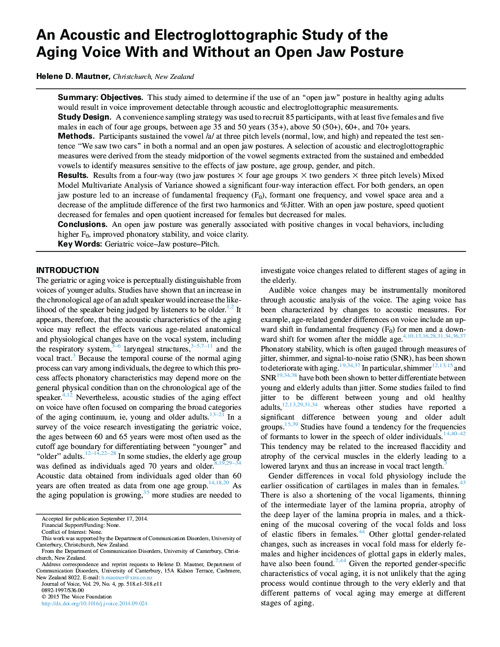 An Acoustic and Electroglottographic Study of the Aging Voice With and Without an Open Jaw Posture