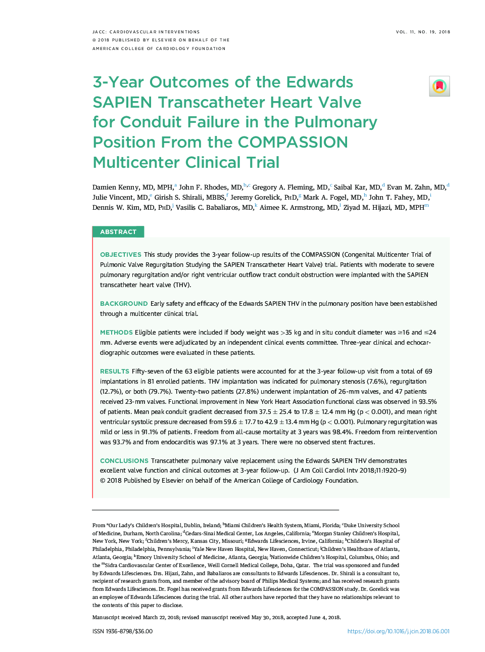 3-Year Outcomes of the Edwards SAPIEN Transcatheter Heart Valve forÂ Conduit Failure in the Pulmonary Position From the COMPASSION Multicenter Clinical Trial