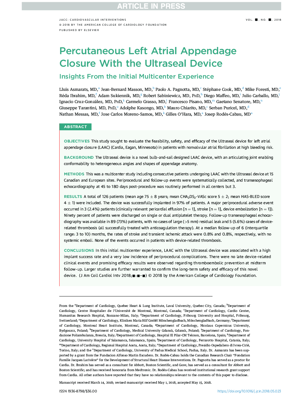 Percutaneous Left Atrial Appendage Closure With the Ultraseal Device