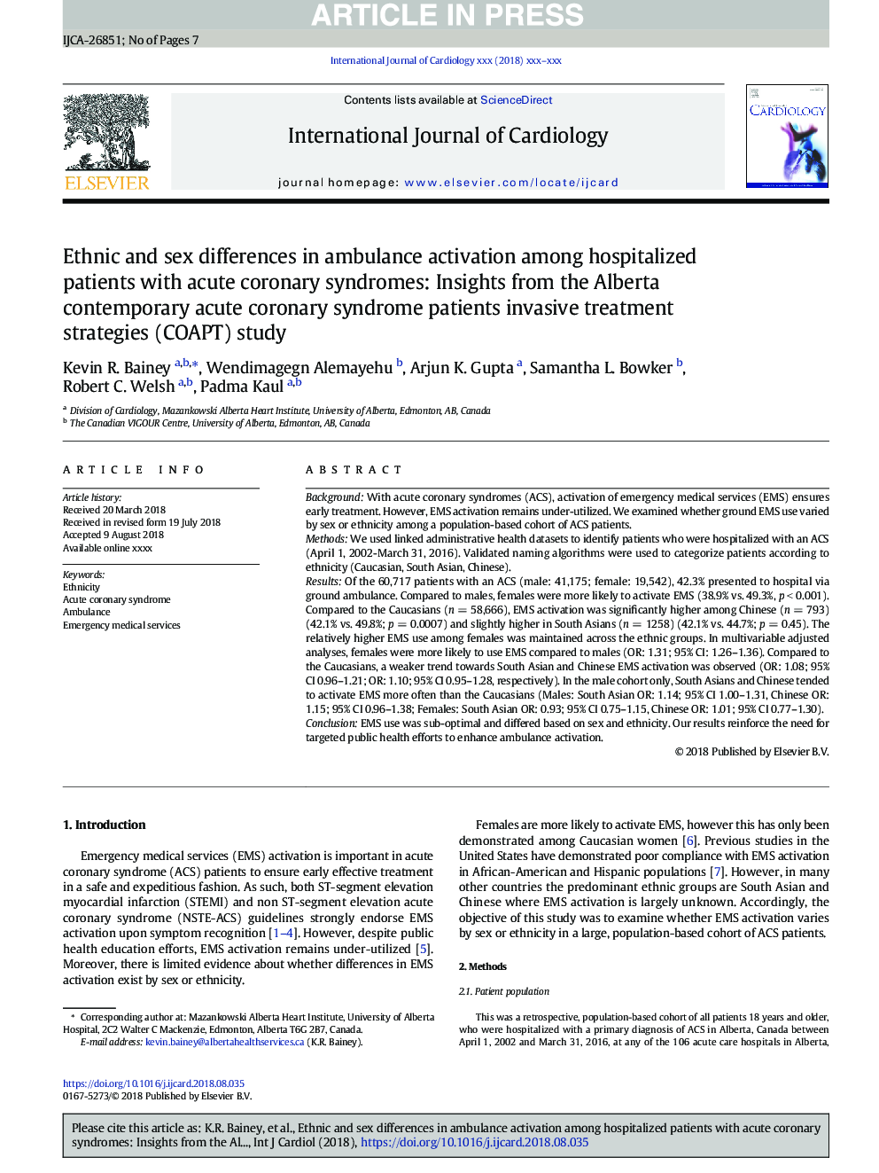 Ethnic and sex differences in ambulance activation among hospitalized patients with acute coronary syndromes: Insights from the Alberta contemporary acute coronary syndrome patients invasive treatment strategies (COAPT) study
